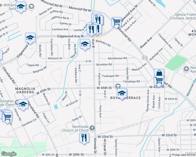 map of restaurants, bars, coffee shops, grocery stores, and more near 5582 Avenue B in Jacksonville