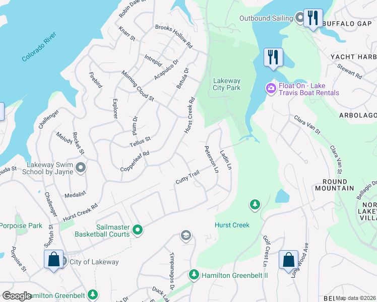 map of restaurants, bars, coffee shops, grocery stores, and more near 106 Malus Court in Lakeway