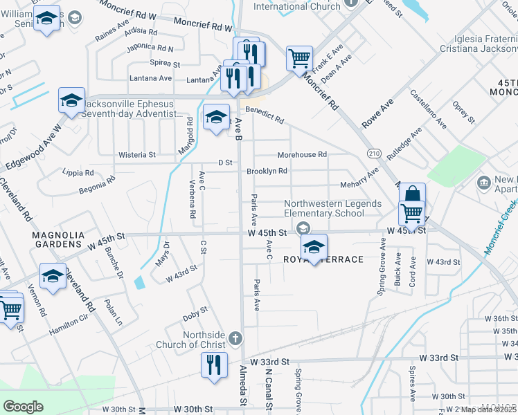 map of restaurants, bars, coffee shops, grocery stores, and more near 5567 Paris Avenue in Jacksonville