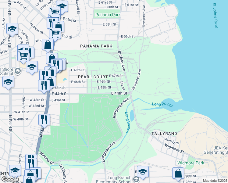 map of restaurants, bars, coffee shops, grocery stores, and more near 475 East 45th Street in Jacksonville