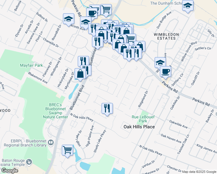 map of restaurants, bars, coffee shops, grocery stores, and more near 10720 Linkwood Court in Baton Rouge