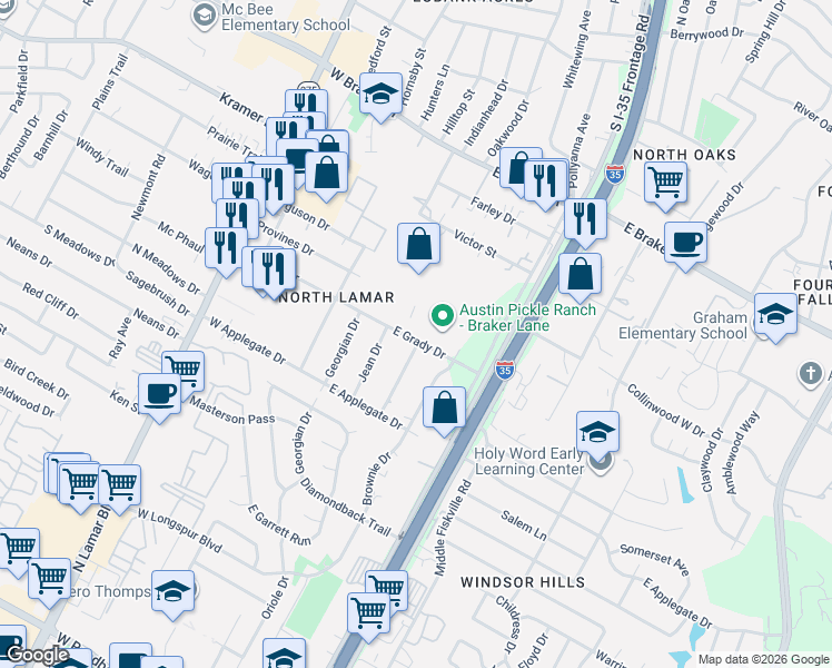 map of restaurants, bars, coffee shops, grocery stores, and more near 306 East Grady Drive in Austin