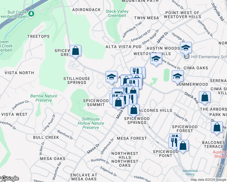 map of restaurants, bars, coffee shops, grocery stores, and more near 4413 Spicewood Springs Road in Austin