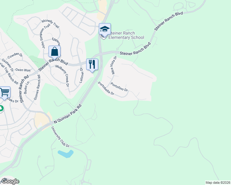 map of restaurants, bars, coffee shops, grocery stores, and more near 12005 Portofino Drive in Austin