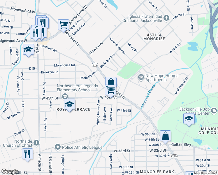 map of restaurants, bars, coffee shops, grocery stores, and more near 5566 Moncrief Road in Jacksonville