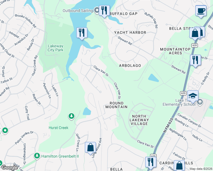 map of restaurants, bars, coffee shops, grocery stores, and more near 223 Lake Como Drive in Austin