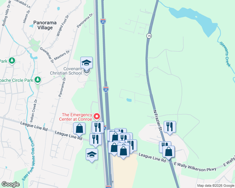 map of restaurants, bars, coffee shops, grocery stores, and more near 4521 Trophy Rack Drive in Conroe