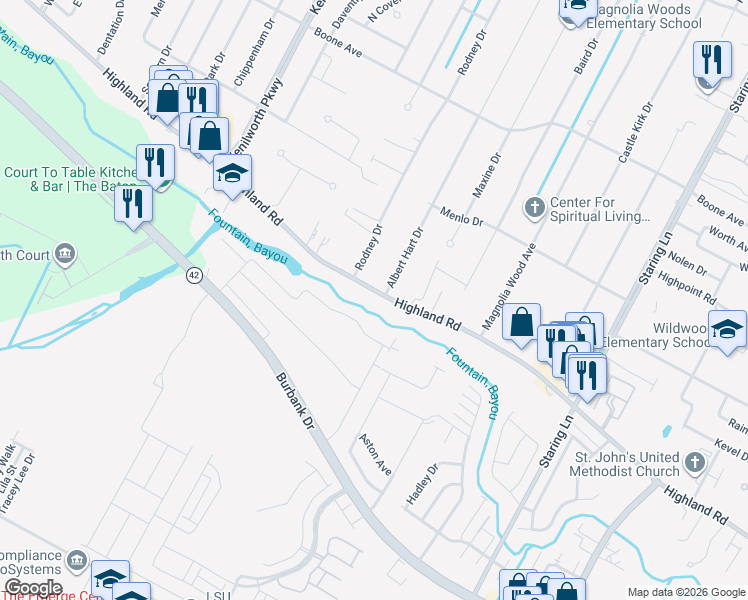 map of restaurants, bars, coffee shops, grocery stores, and more near 8045 Highland Road in Baton Rouge