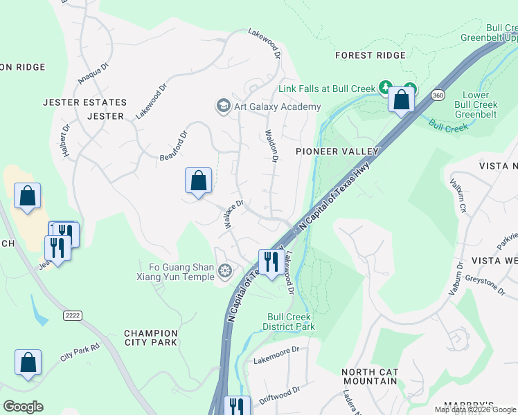 map of restaurants, bars, coffee shops, grocery stores, and more near 7209 Winecup Hollow in Austin