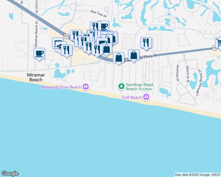 map of restaurants, bars, coffee shops, grocery stores, and more near 114 Main Sail Drive in Miramar Beach