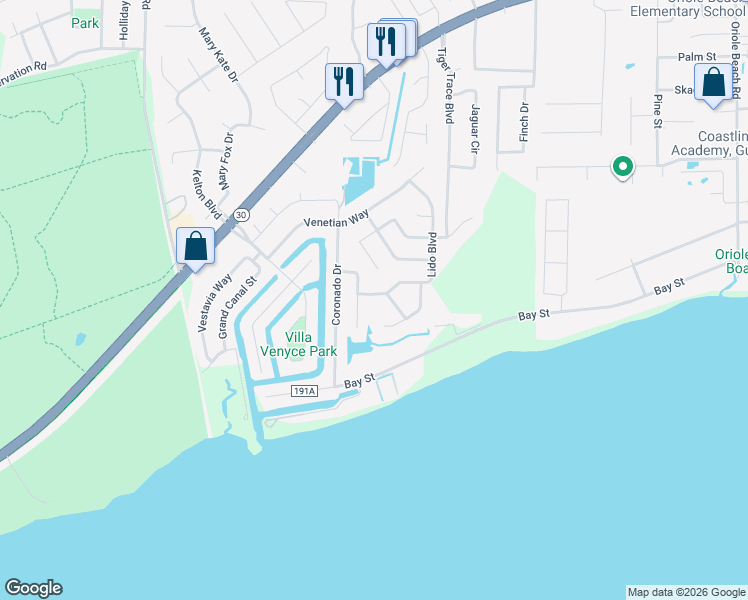 map of restaurants, bars, coffee shops, grocery stores, and more near 2843 Lido Boulevard in Gulf Breeze