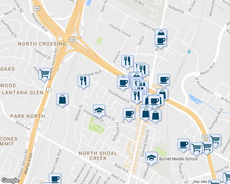 map of restaurants, bars, coffee shops, grocery stores, and more near 2804 Thrushwood Drive in Austin
