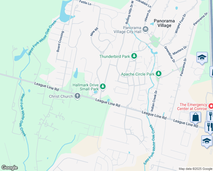 map of restaurants, bars, coffee shops, grocery stores, and more near 80 Hallmark Drive in Conroe