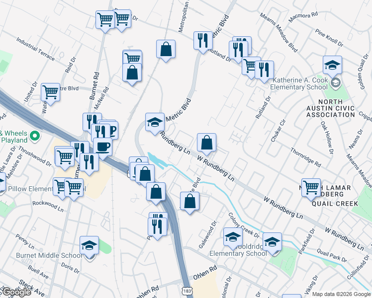 map of restaurants, bars, coffee shops, grocery stores, and more near West Rundberg Lane & West Loop in Austin