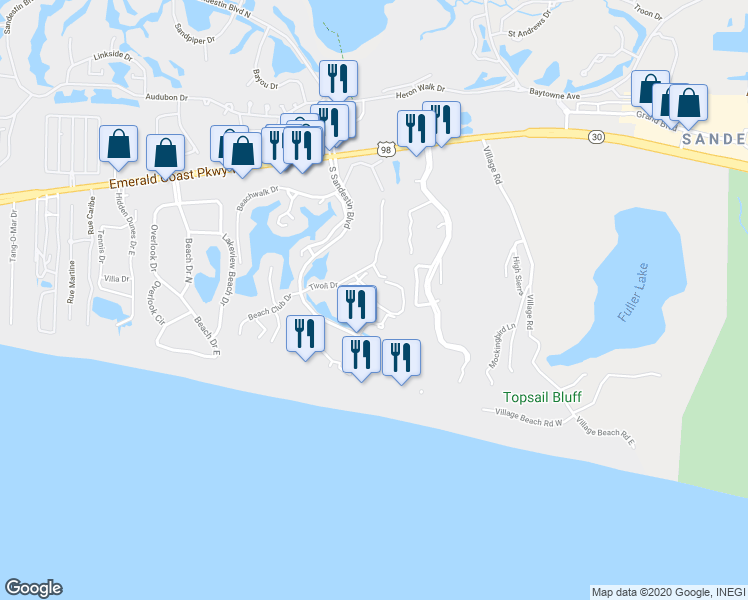 map of restaurants, bars, coffee shops, grocery stores, and more near 5409 Tivoli Terrace Dr in Miramar Beach