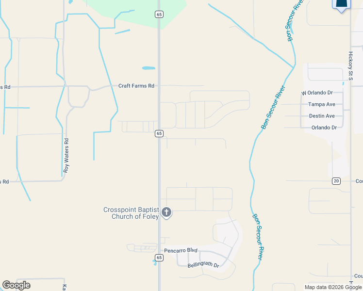 map of restaurants, bars, coffee shops, grocery stores, and more near 10343 County Road 65 in Foley