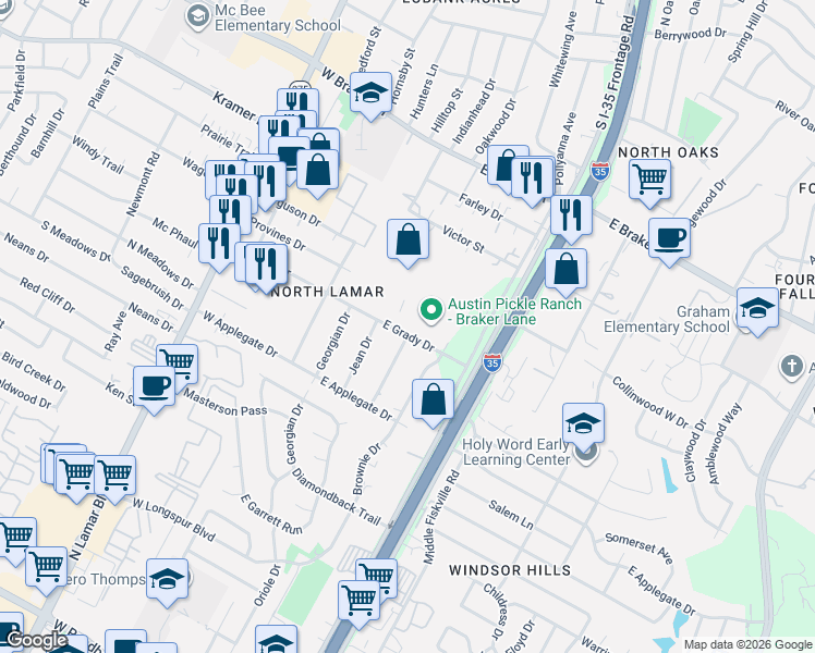map of restaurants, bars, coffee shops, grocery stores, and more near 306 East Grady Drive in Austin