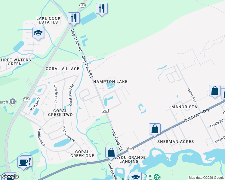 map of restaurants, bars, coffee shops, grocery stores, and more near 9726 Brookstone Way in Pensacola
