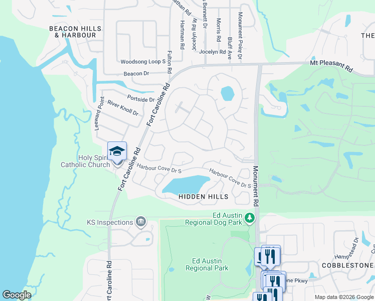 map of restaurants, bars, coffee shops, grocery stores, and more near 11652 Hidden Hills Drive South in Jacksonville