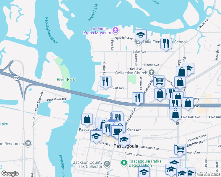 map of restaurants, bars, coffee shops, grocery stores, and more near 511 Morgan Ave in Pascagoula