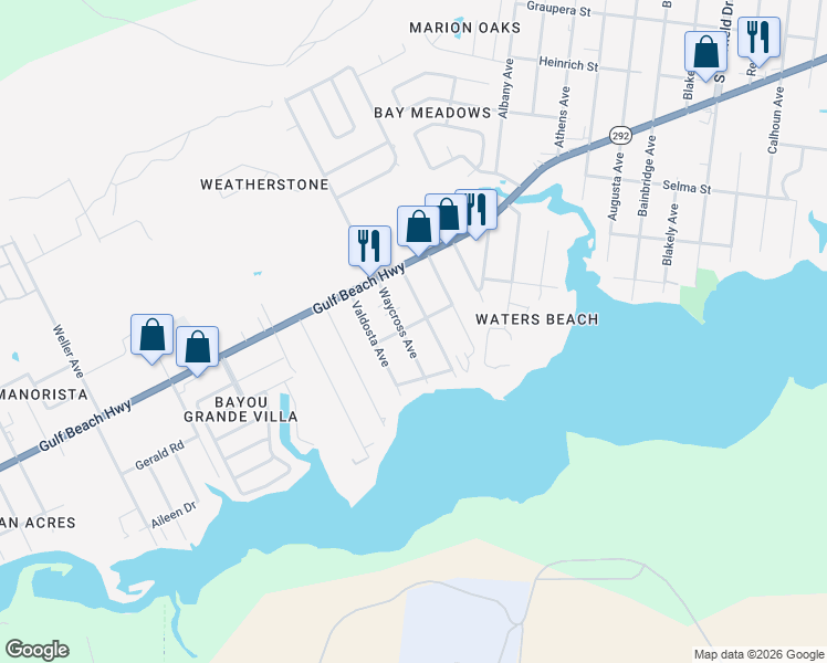 map of restaurants, bars, coffee shops, grocery stores, and more near 204 Waycross Avenue in Pensacola