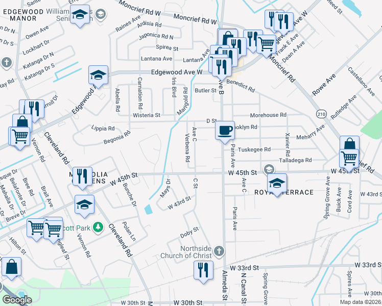 map of restaurants, bars, coffee shops, grocery stores, and more near 5570 Verbena Road in Jacksonville