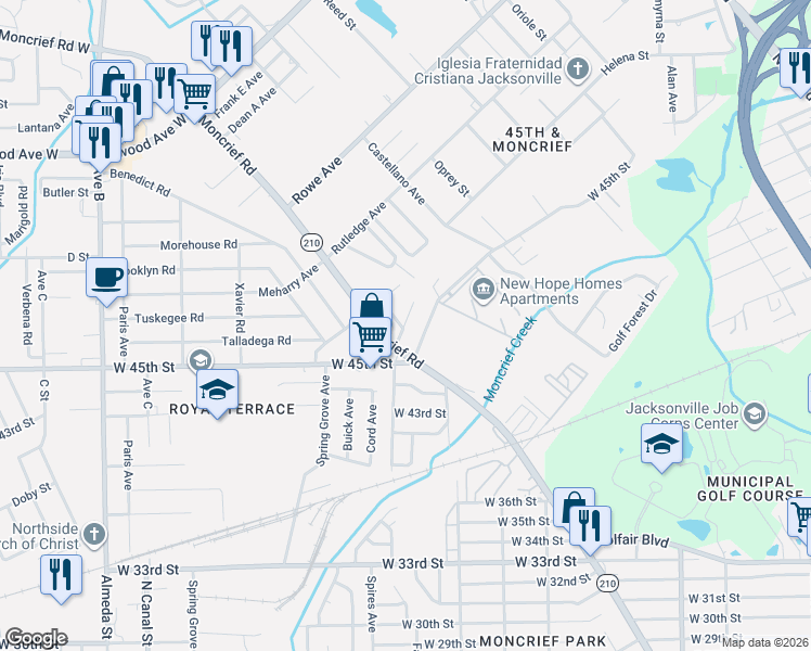 map of restaurants, bars, coffee shops, grocery stores, and more near 1727 Audubon Street in Jacksonville
