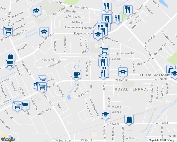 map of restaurants, bars, coffee shops, grocery stores, and more near 5570 Verbena Road in Jacksonville