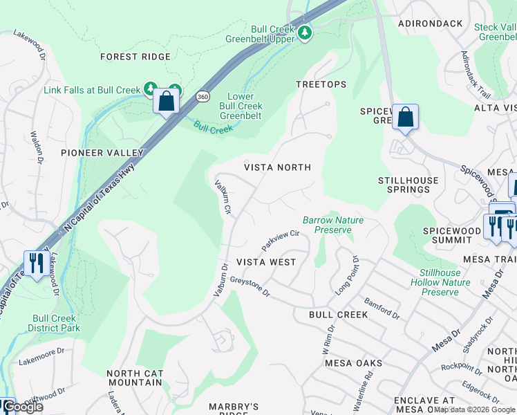 map of restaurants, bars, coffee shops, grocery stores, and more near 5104 North Rim Drive in Austin