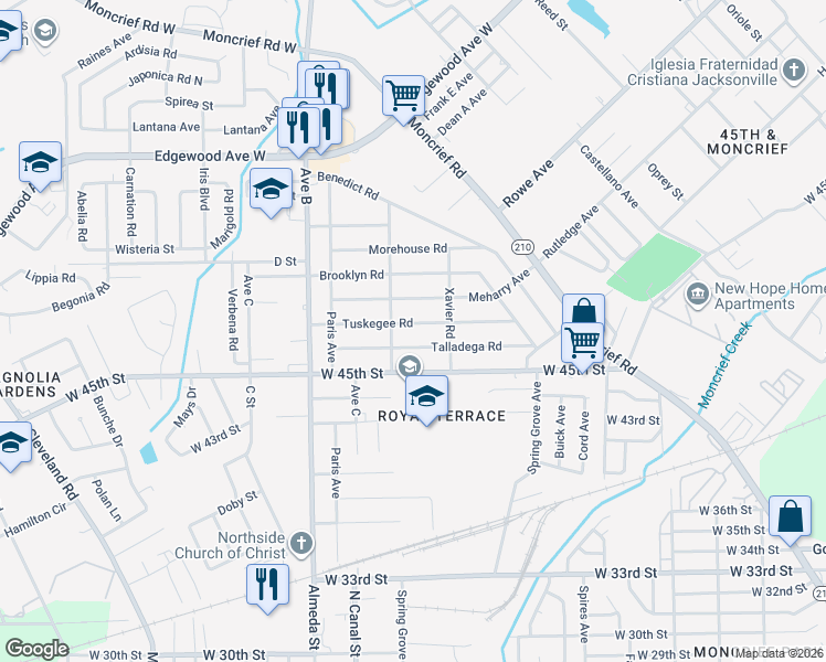 map of restaurants, bars, coffee shops, grocery stores, and more near 2039 Tuskegee Road in Jacksonville