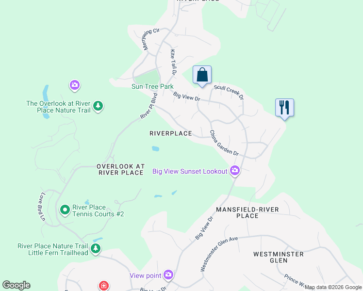 map of restaurants, bars, coffee shops, grocery stores, and more near 4301 River Place Boulevard in Austin