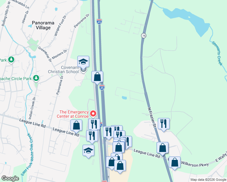 map of restaurants, bars, coffee shops, grocery stores, and more near 4521 Trophy Rack Drive in Conroe