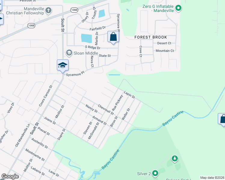 map of restaurants, bars, coffee shops, grocery stores, and more near 640 Lapin Street in Mandeville