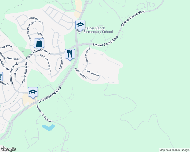 map of restaurants, bars, coffee shops, grocery stores, and more near 11909 Portofino Drive in Austin