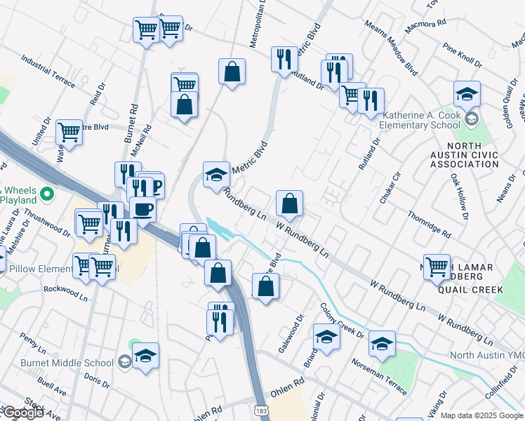 map of restaurants, bars, coffee shops, grocery stores, and more near 15 West Rundberg Lane in Austin
