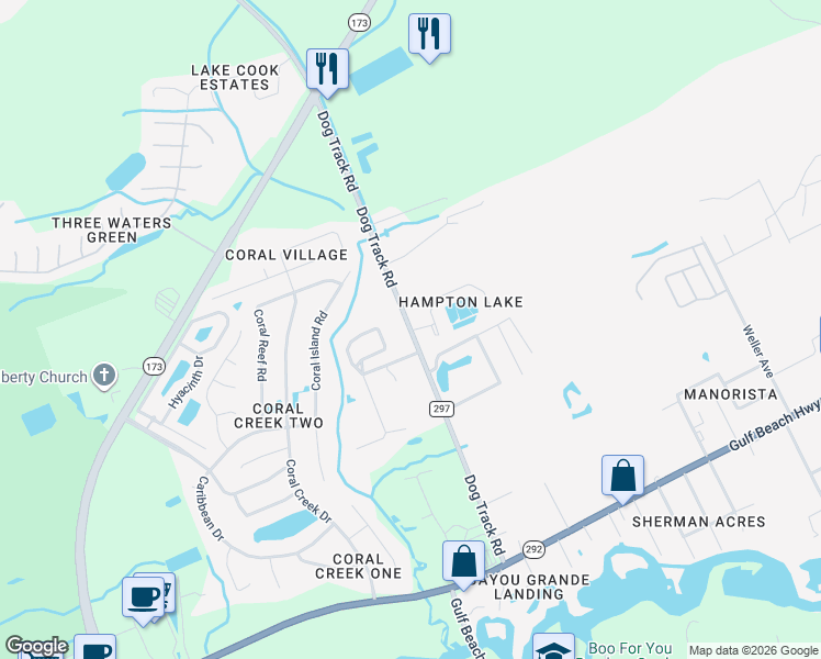 map of restaurants, bars, coffee shops, grocery stores, and more near 2145 Dog Track Road in Pensacola