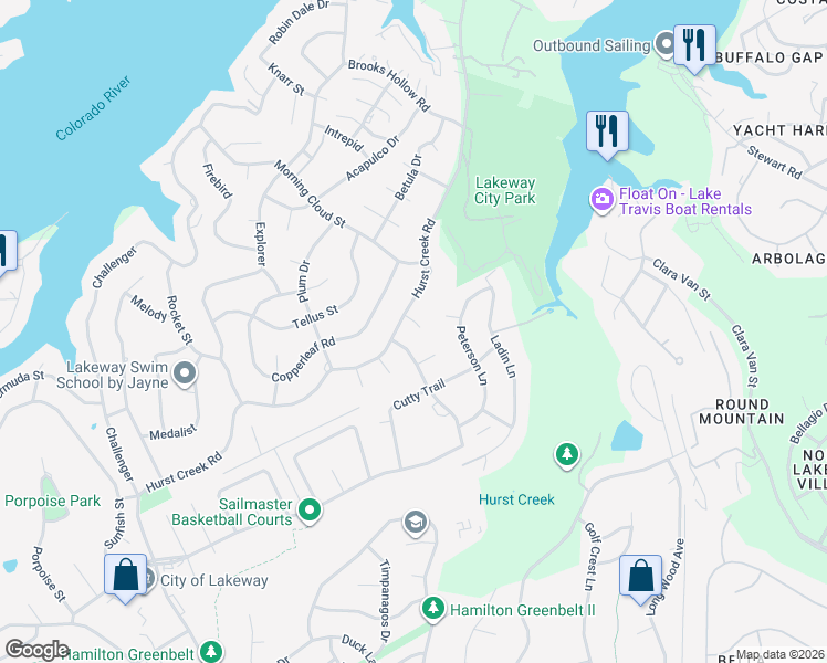 map of restaurants, bars, coffee shops, grocery stores, and more near 102 Malus Court in Lakeway