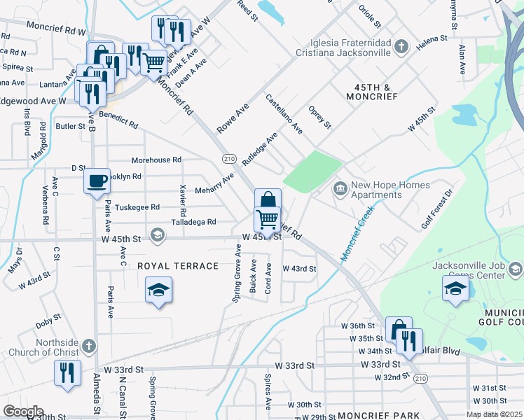 map of restaurants, bars, coffee shops, grocery stores, and more near 5570 Moncrief Road in Jacksonville