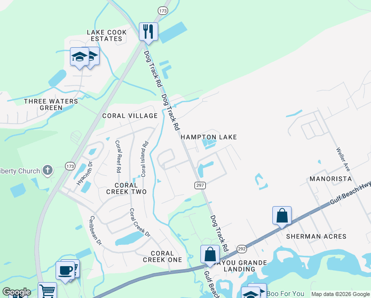 map of restaurants, bars, coffee shops, grocery stores, and more near 2145 Dog Track Road in Pensacola