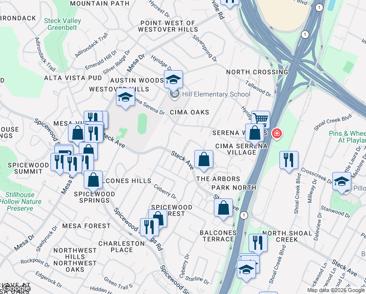 map of restaurants, bars, coffee shops, grocery stores, and more near 8316 Summerwood Drive in Austin