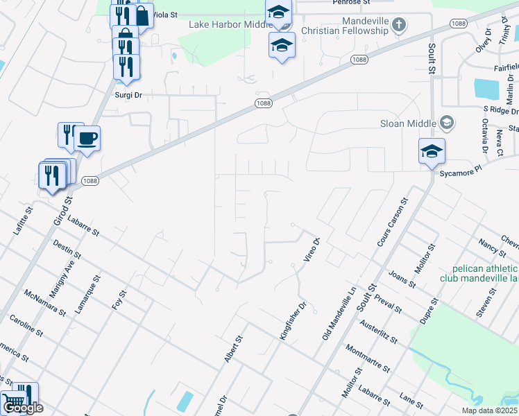 map of restaurants, bars, coffee shops, grocery stores, and more near 1435 Owl Court in Mandeville
