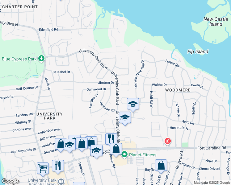 map of restaurants, bars, coffee shops, grocery stores, and more near 3956 University Club Boulevard in Jacksonville
