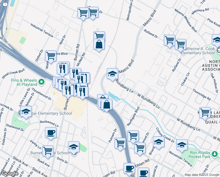 map of restaurants, bars, coffee shops, grocery stores, and more near 9119 Metric Boulevard in Austin