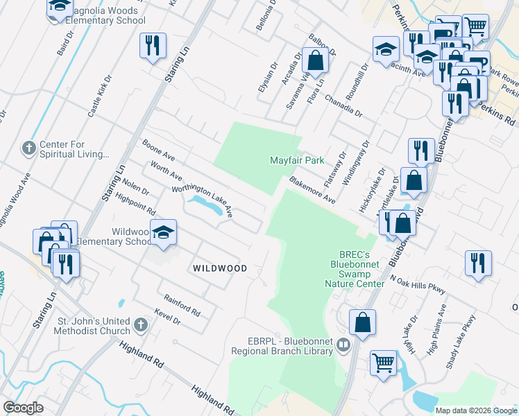 map of restaurants, bars, coffee shops, grocery stores, and more near 9451 Boone Avenue in Baton Rouge