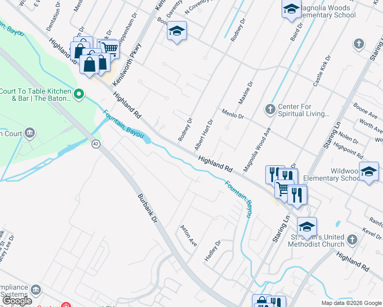 map of restaurants, bars, coffee shops, grocery stores, and more near 8045 Highland Road in Baton Rouge