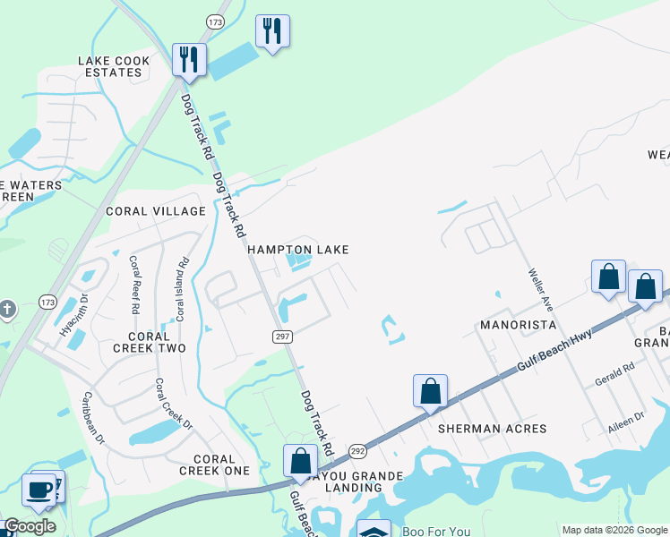 map of restaurants, bars, coffee shops, grocery stores, and more near 9672 Brookstone Way in Pensacola