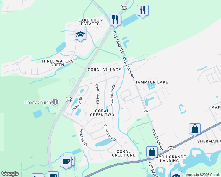 map of restaurants, bars, coffee shops, grocery stores, and more near 1953 Coral Island Road in Pensacola