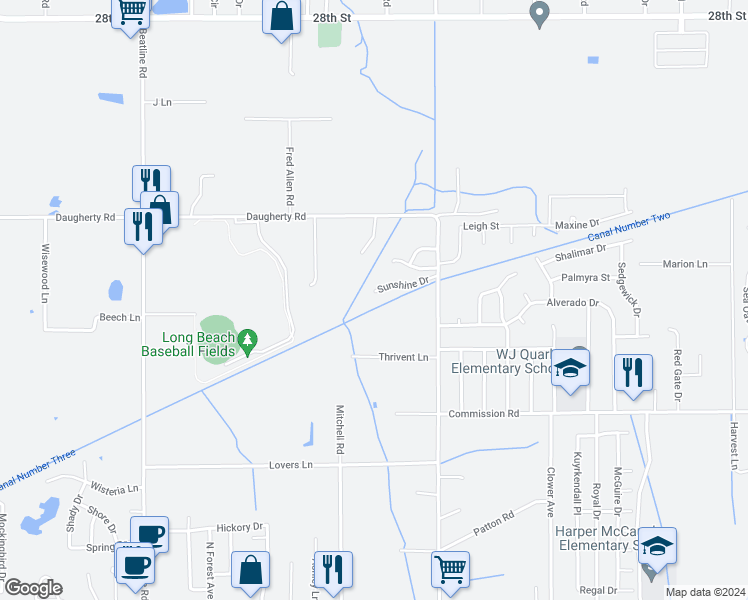 map of restaurants, bars, coffee shops, grocery stores, and more near 20033 Sunshine Drive in Long Beach