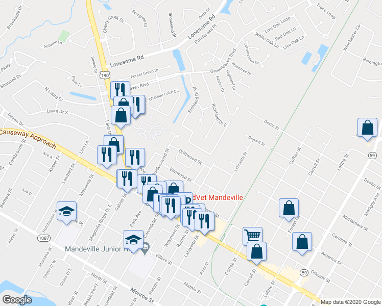 map of restaurants, bars, coffee shops, grocery stores, and more near 212 Driftwood Street in Mandeville