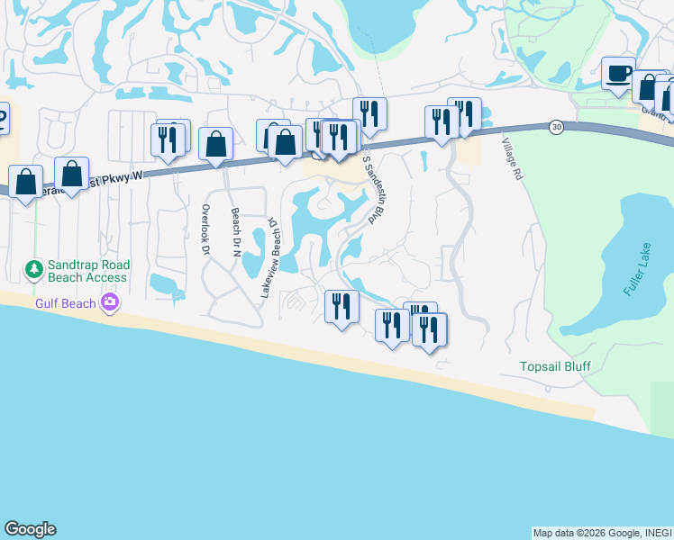 map of restaurants, bars, coffee shops, grocery stores, and more near 5221 Tivoli Drive in Miramar Beach